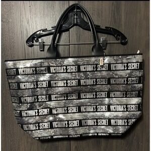 Victoria's Secret Sequin‎ Bling Tote Bag Weekender Black Silver NWT